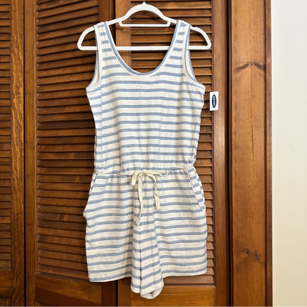 NWT Old Navy waist-defined light blue/cream striped terry beach romper, S